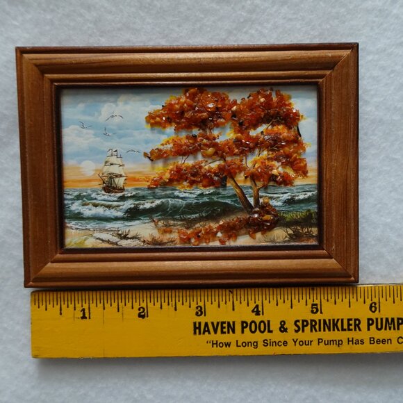 Vintage Miniature Painting Print with Baltic Amber Tree Landscape Ship Seascape - Picture 7 of 8